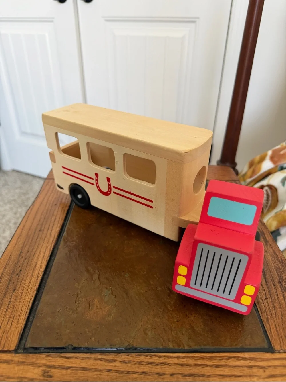 Melissa & Doug Wooden Red Toy Truck with Horse Trailer - Kids Toy